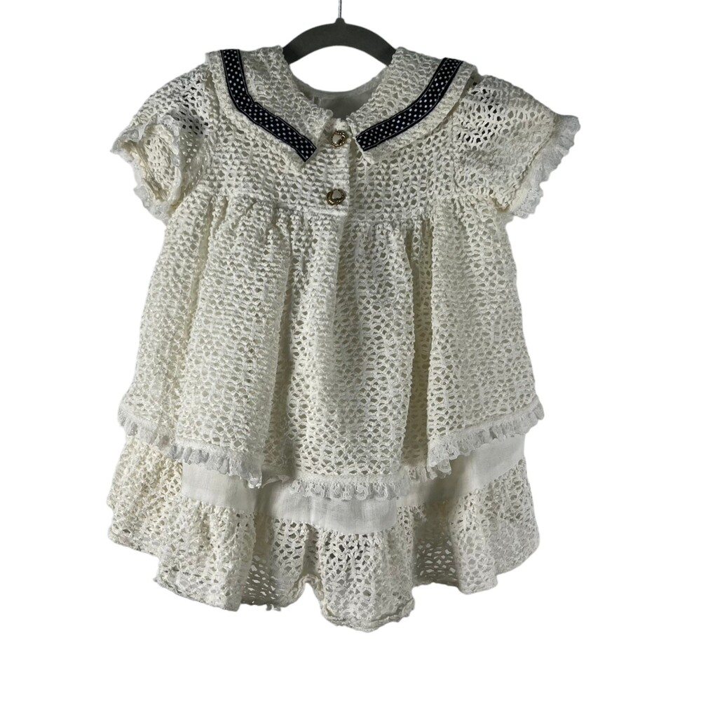 Vintage Crochet White Sailor Tiered Dress and Hat Size 1/2 (approx 24 month)